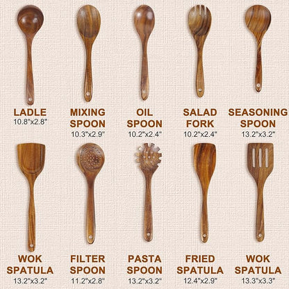 FJNATINH 10 PCS Wooden Spoons for Cooking - Teak Wooden Kitchen Utensil Set - Cooking Mixing Baking - Non-stick Healthy Kitchen Cookware Gifts for Women Housewarming Gifts