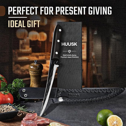 Huusk Fish Fillet Knife with Sheath - Hand Forged 7 Inch Boning Knives for Meat Trimming, Japanese Brisket Trimming Knives with Wooden Handle for Outdoor Camping, Gift for Men