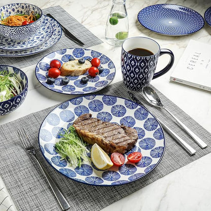 Selamica Ceramic Dinnerware Sets for 4, 16 Pieces Dishes Set, Scratch Resistant Plates and Bowls Sets, Microwave and Dishwasher Safe (Vintage Blue) A