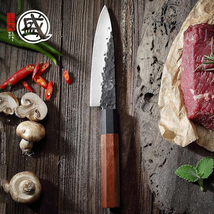 MITSUMOTO SAKARI Paring Chef Knife 5.5 inch - Hand Forged Japanese Fruit and Vegetable Knives, 3-Layer 9CR18MOV High Carbon Steel, Rosewood Handle & Sandalwood Box