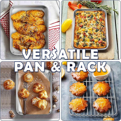9 Inch Baking Sheet Pan with Rack Set, Joyfair Stainless Steel Toaster Oven Pans Tray & Cooling Racks for Cookie/Jelly Roll/Bacon/Meat, Commercial Metal & Rust-free, Dishwasher Safe