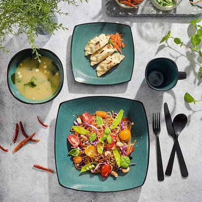 Gibson Elite Soho Lounge 16-Piece Reactive Glaze Dinnerware Set, Teal/Black Two-Tone