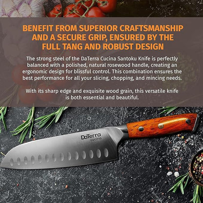 DaTerra Cucina - 7 Inch Santoku Knife – German Steel Professional Kitchen Knife with Ergonomic Rosewood Handle, Sharp, Durable, Rust Proof, Easy to Clean | Ideal for Chopping, Slicing & Dicing