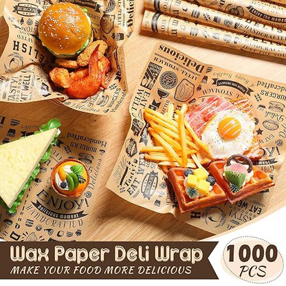 1000 Pcs 12 x 12 Inch Deli Wax Paper Sheets Grease Resistant Tray Basket Liners Newsprint Paper Water and Grease Proof Sandwich Wrapping Square Hot Dog Wrappers for Food Baking (Brown)