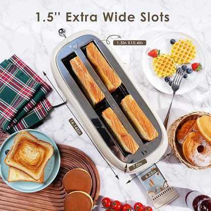 Roter Mond 4 Slice Toaster Retro Stainless Steel Toaster with Bagel, Cancel, Defrost Function and 6 Bread Shade Settings Bread Machine, Long Extra Wide Slots and Removable Crumb Tray, Cream