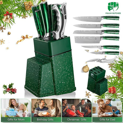 FULLHI 8pcs block Knife Set,chef's Knves Set with Block and Sharpener, Kitchen Knife Set,Multi-colour Handle, Gifts for Men Women