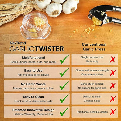 Nextrend Garlic Twister 4th Gen – Garlic Mincer & Garlic Press in One, for Ginger, Herbs, Nuts & more, BPA-Free, Dishwasher Safe, 3–5 Clove Capacity - Purple