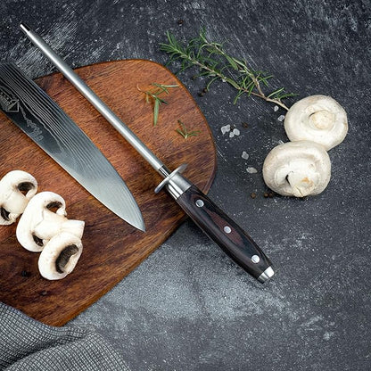 SENKEN Professional Emery Knife Sharpening Steel - Incredibly Strong Emery Rod for Sharpening & Honing Knives Up to 63 HRC Including All Damascus Knives (Smoothly Finished Wood)