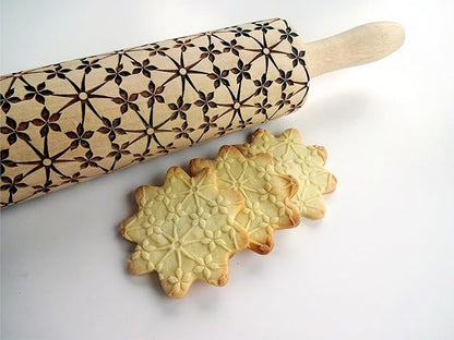 Rolling pin FLORAL NET. Wooden embossing rolling pin with Oriental flowers. Embossed cookies. Pottery. Birthday gift. Gift for mother