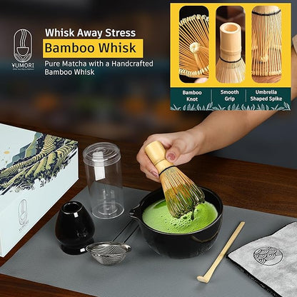 6 Pcs Matcha Whisk Set | Matcha kit with Black Bowl, Bamboo Whisk, Scoop, Sifter, Holder for whisk & Cleaning Cloth, Traditional Matcha Set in Magnetic Gift Box