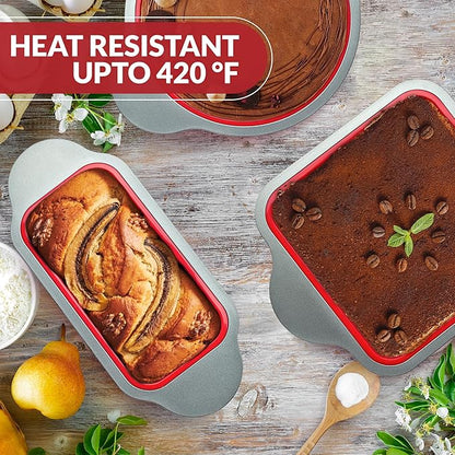 Boxiki Kitchen Silicone Baking Pans Set. 3 PCS Professional Non-Stick Baking Cake Pans Set includes Silicone Round Cake Pan, Square Cake Pan and Bread Loaf Pan.