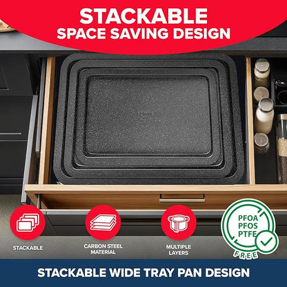 BAKKEN 3-Piece Kitchen Baking Pans - Small, Medium, and Large Cookie Pan, With Nonstick Coating, Stackable and Space-saving Design, PFOA, PFOS, PTFE Free, Oven Safe Tray (Up To 450°F), Gray Marble