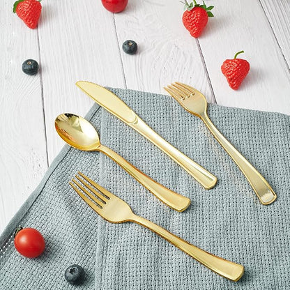 FOCUSLINE 300 Pack Disposable Gold Plastic Forks, Solid and Durable Plastic Cutlery Forks, Heavy Duty Disposable Utensil Silverware for Catering, Parties, Dinners, Weddings