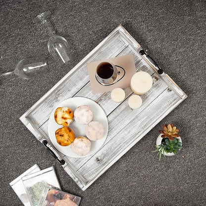 Rustic Vintage Big Wood Food Serving Trays with cutout Metal Handles(20 Inches) large Nesting Board Decorative Serving Trays Platter for Breakfast in Bed, Ottoman, Coffee Table, BBQ, Party(Gray white)