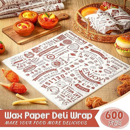 600 Pcs 12 x 12 Inch Deli Wax Paper Sheets Grease Resistant Tray Basket Liners Newsprint Paper Water and Grease Proof Sandwich Wrapping Square Hot Dog Wrappers for Food Baking (Brown on White)