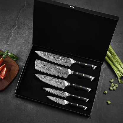 Wakoli Knife Block Sets – 5-Piece Professional Damascus Kitchen Knife Set with Magnetic Block | G10 Handles & VG10 Core | Gift Box (Elite Cuisine)