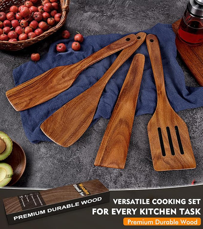 4Pcs Wooden Spatula for Cooking, Acacia Wooden Spatula for Kitchen Use, Nonstick Cookware Safe Utensils Set including Turner, Slotted Turner, Paddle and Scraper, Ideal Cooking Utensils Gift Set