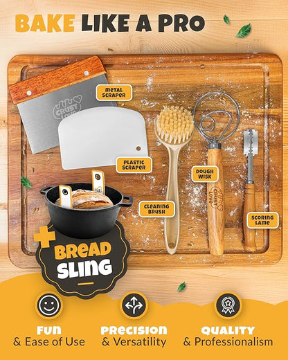 Cast Iron Dutch Oven for Bread Baking - incl. Sourdough Bread-Baking Supplies like Banneton Bread-Proofing Basket - 5QT Bread-Oven with Lid Bread-Making Kit Pan, Pot, Sour Sough Tools, Lame