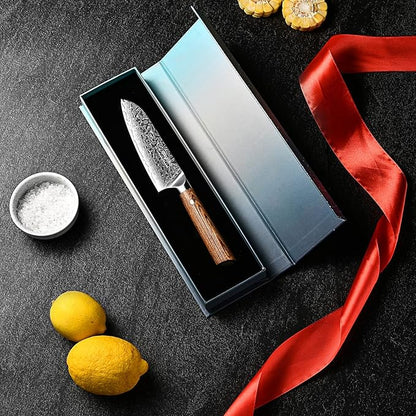 Santoku Knife 5 inches-Japan VG-10 Super Steel 67 Layer Damascus Steel-Sharp Kitchen Knife-Luxury Gift Box with Colored Wooden Handle-With Scabbard