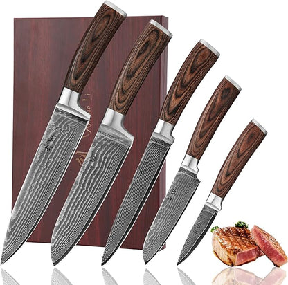 Wakoli EDIB 5-Piece Damascus Knife Set – Professional Kitchen Knives | Genuine Damascus Steel Blades with VG10 Core | Ergonomic Pakkawood Handles | Premium Chef Knife Set