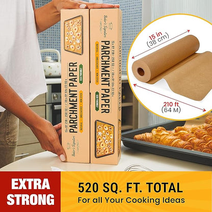 Unbleached Parchment Paper for Baking – 2-Pack 520 Sq.Ft Total - 15 in x 210 ft Baking Paper Roll with Cutter, Non-Stick Brown Parchment for Baking, Cooking, Grilling, Steaming by Baker’s Signature