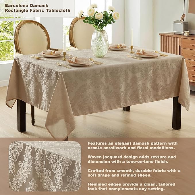 Newbridge Barcelona Luxury Damask Fabric Tablecloth, 70” Extra Wide x 108” Rectangle, Golden Beige, 100% Polyester, No Iron, Soil Resistant Dining Room, Party and Banquet Table Cover
