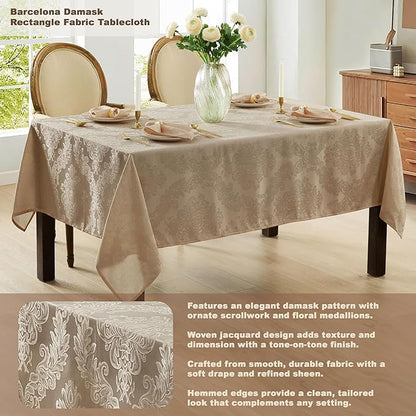 Newbridge Barcelona Luxury Damask Fabric Tablecloth, 60” Wide x 144” Rectangle, Golden Beige, 100% Polyester, No Iron, Soil Resistant Dining Room, Party and Banquet Table Cover