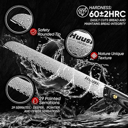 Huusk Damascus Serrated Bread Knife for Homemade Bread, VG10 Serrated Knife with Wide Wavy Edge, Tomato Slicer knife with Wooden Handle for Sourdough Baguette Sandwich,Birthday Dad Mom Gift
