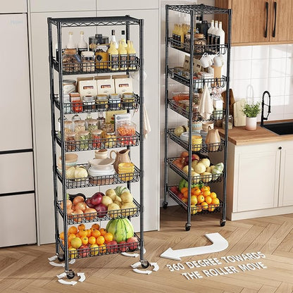 7 Tier Wire Shelving Unit with Wheels 72" H Adjustable Basket Shelf Storage Shelves with Hooks for Kitchen Bathroom Garage Closet Laundry Room Organization 72" H x 24" W x 14" D, Black