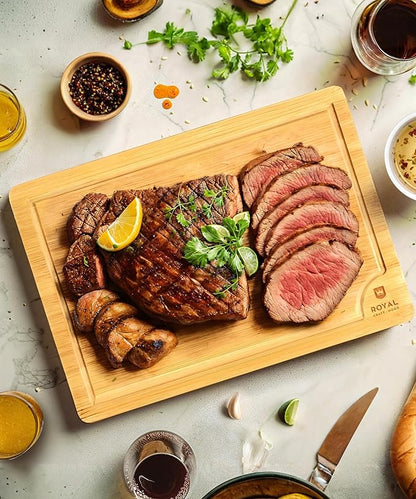 ROYAL CRAFT WOOD Wooden Cutting Boards for Kitchen Meal Prep & Serving - Bamboo Wood Serving Board with Deep Juice Groove Side Handles - Charcuterie & Chopping Butcher Block for Meat