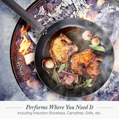 Merten & Storck Pre-Seasoned Carbon Steel 10” Frying Pan Skillet, Use on Induction, Stove and Grill, Durable, Even-Heating, for Searing, Grilling, Oven Use, and Campfire, Indoor/Outdoor