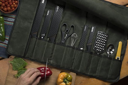 Asaya Canvas Chef Knife Roll Bag - 10 Knife Slots and a Large Zipper Pocket - Durable 10oz Canvas Knife Case with an Adjustable Shoulder Strap - Knives not Included (Forest Green)