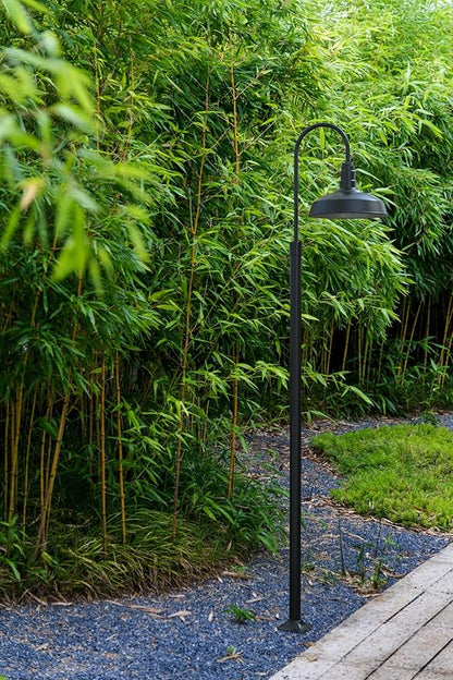 Steel Lighting Co. Gardena Barn Light | Outdoor Pole Top Mounted | 16" Dome | Upslope Gooseneck with Slip Fitter for 2-3/8" Standard Poles | Made in America | Matte Black Exterior/White Interior