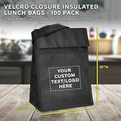 DISCOUNT PROMOS 100 Hook and Loop Insulated Lunch Bags Set - Customizable Text, Logo - Polyester, Durable, Vibrant, Reusable - Black