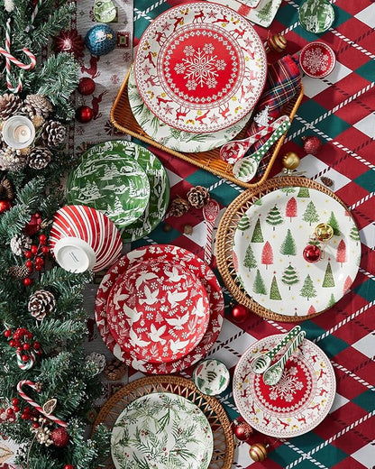 Christmas Pasta Bowl Set, 8 Inch Salad Serving Bowl, Wide and Shallow Bowl Plate for Kitchen, Dishwasher and Microwave Safe, Set of 6