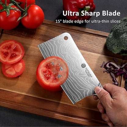 YOTSUBA Cleaver Knife 7 inch Ultra Sharp High Carbon Steel Vegetable Meat Cleaver with Ergonomic Rosewood Handle, Professional Butcher Knives for Home Kitchen and Restaurant with Gift Box