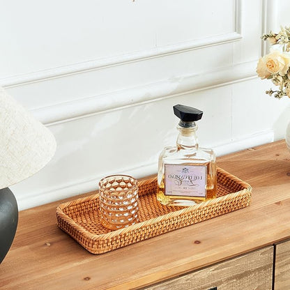 Rectangular Rattan Tray, Long Woven Tray Rectangle Tray, Flat Rattan Serving Tray for Breakfast, Drinks, Snacks(15.75''x6.69''x1.57'')