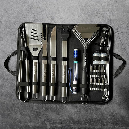 Barbecue Grill Tool Set - Stainless Steel - Strong Durable Design - Heat Resistant Glove & Bristle Free Grill Brush - Thermometer, Meat Injector, & Corn Skewers - Perfect For Smokers & Grills
