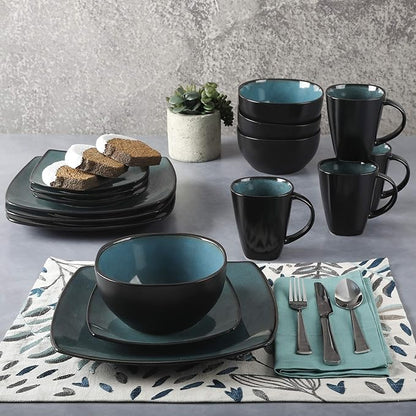 Gibson Elite Soho Lounge 16-Piece Reactive Glaze Dinnerware Set, Teal/Black Two-Tone