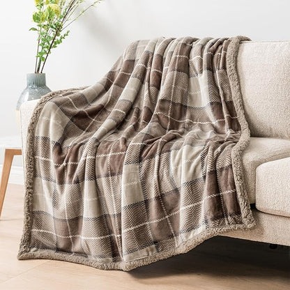 Pavilia Taupe Plaid Sherpa Throw Blanket - Plus Plush Flannel Fleece Blanket - Warm Cabin Sofa Bed Winter Throws 50x60
