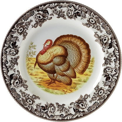 Spode Woodland Turkey Round Platter - 12" Fine Porcelain Serving Tray with British Flowers Border, Rustic Thanksgiving Design - Microwave, Dishwasher, Freezer & Warm Oven Safe - Made in England