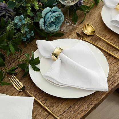 Newbridge Barcelona Luxury Damask Fabric Tablecloth, 108” Round, White, 100% Polyester, No Iron, Soil Resistant Dining Room, Party and Banquet Table Cover