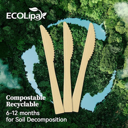 ECOLipak 300 Count Disposable Bamboo Knives, 6.7 Inch Bamboo Compostable Disposable Knives for Party, Wedding, Camping, Traveling, Family Dinners, Large Events