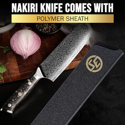 SliceElite Elite Series 7 Inch Nakiri Knife Damascus VG10 Core Forged Carbon Fiber Handle Polymer Guard Japanese Chef Vegetable Chopping Cleaver Kitchen Knife Sharp Cutting Cooking Tomato Butcher Tool
