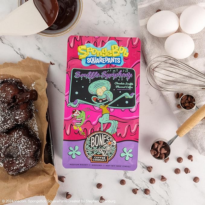 Bones Coffee Company Spongebob Soufflé Symphony, Chocolate Soufflé Flavored Whole Coffee Beans, Low Acid Medium Roast Arabica Beans Flavored Coffee, 12 oz Whole Bean