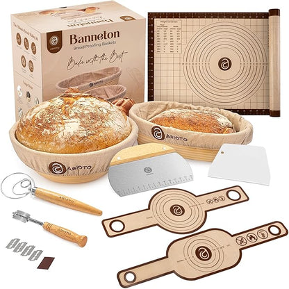 Sourdough Kit with Professional Bread Making Tools - A Complete Sourdough Bread Kit Including 10" Round & 11" Oval Bannetons, Bread Lame, Whisk, Bowl & Dough Scrapers, Slings, and Mat (17-Piece Kit)