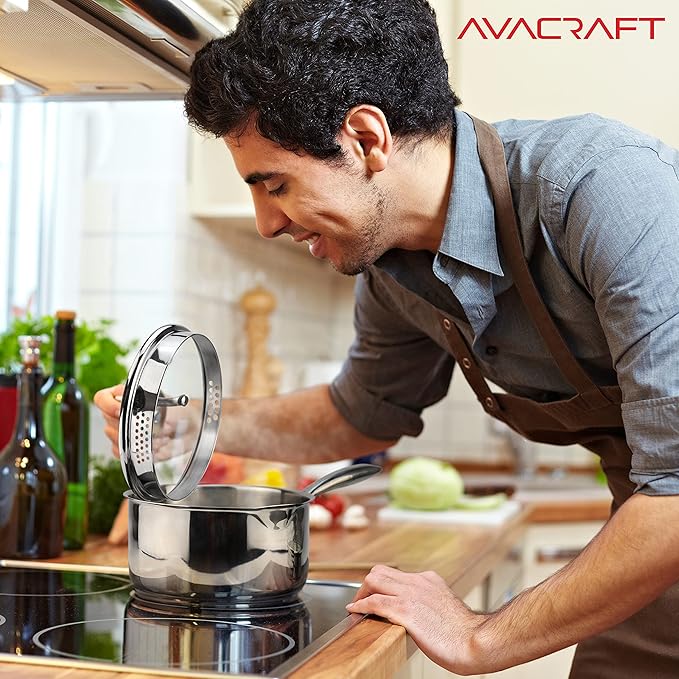 AVACRAFT Stainless Steel Saucepan with Glass Strainer Lid, Two Side Spouts for Easy Pour with Ergonomic Handle, Multipurpose Sauce Pot (5-Ply Capsule Bottom, 2.5 Quart)