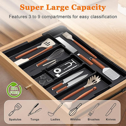 Large Utensil Drawer Organizer Expandable Silverware Organizer for Kitchen Drawer Adjustable Cooking Utensil Holder Cutlery Flatware Tray Spatula Tools Gadgets Storage Dividers Plastic Black
