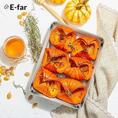 E-far 2 Packs Toaster Oven Trays, 9.4”x7.3” Stainless Steel Small Baking Cookie Sheets, Mini Non-toxic Metal Baking Pans for Cake, Healthy & Rust Free, Mirror Finish & Dishwasher Safe
