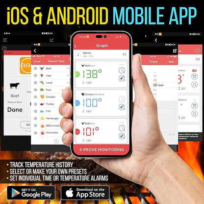 NutriChef Smart Bluetooth BBQ Thermometer with Travel Zip Case, Upgraded Stainless w/ 2 Temperature Probes, LCD Display, Done Alarm Android iPhone, Gas Charcoal BBQ Smoker Temp Monitoring